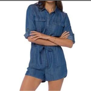 Wendy Williams Womens Romper Short Denim Chambray Collar Drawstring Size M
